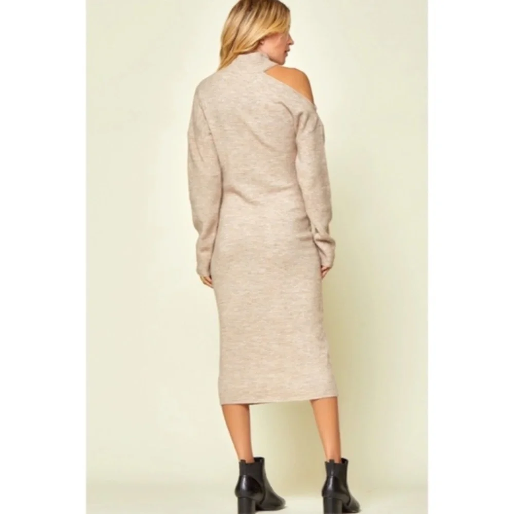 Oyster Cold Shoulder Knit Midi Sweater Stretchy Dress - Picture 3 of 6